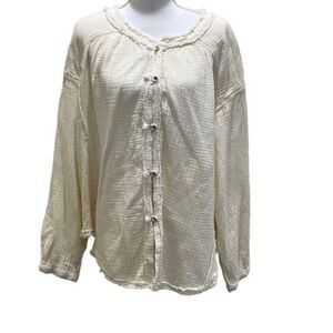 WE THE FREE womens long sleeve button up large cardigan shirt jacket ivory cozy